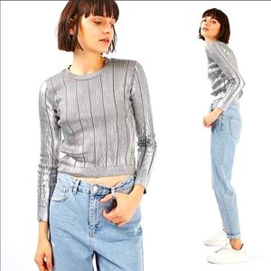 #B10—-TOPSHOP SILVER FOIL POINTELLE CROP TOP